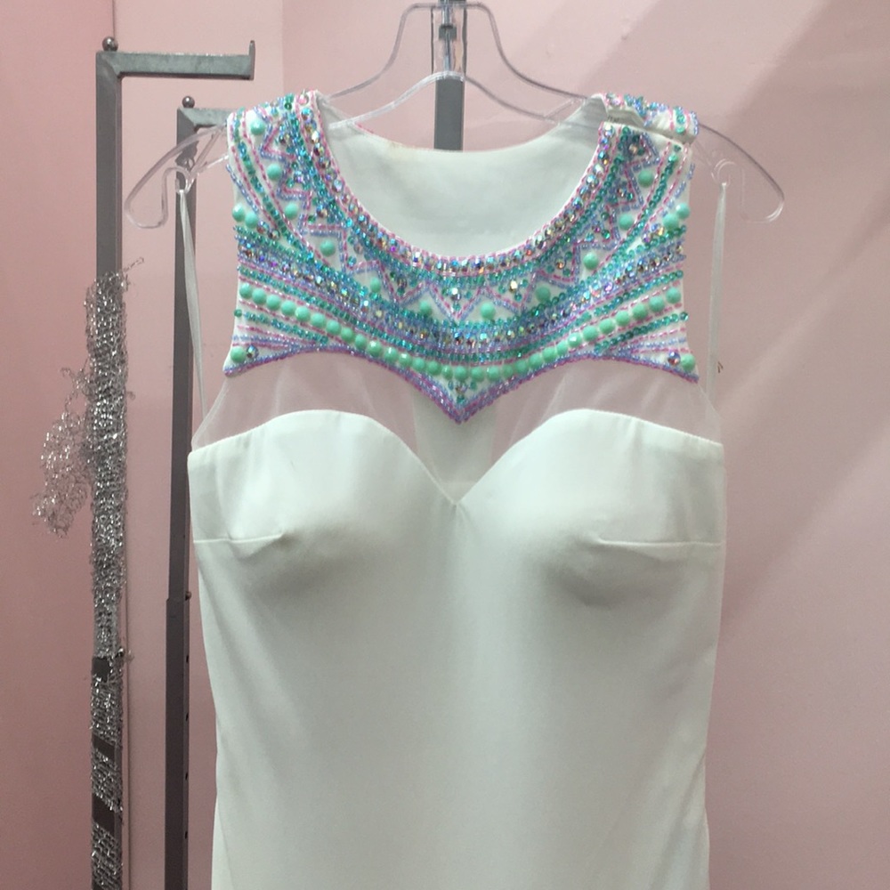 NET WHITE AND MULTICOLORED BEADING DRESS